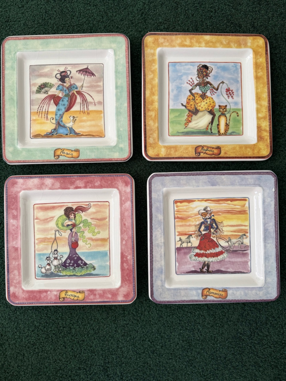 Set of 4 Decorative Square Trinket Dishes - Pastel Carnival Ladies